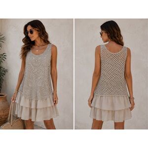 Luxury Boutique Made In Italy Embroidered Boho Dress Size 8 Rare Beige Lace